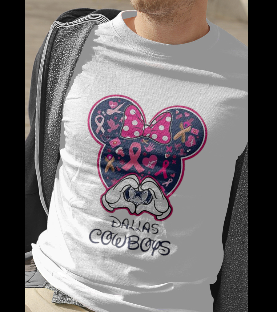 Minnie Mouse Pink Ribbon Heart Hands Dallas Cowboys Breast Cancer Awareness T-Shirt