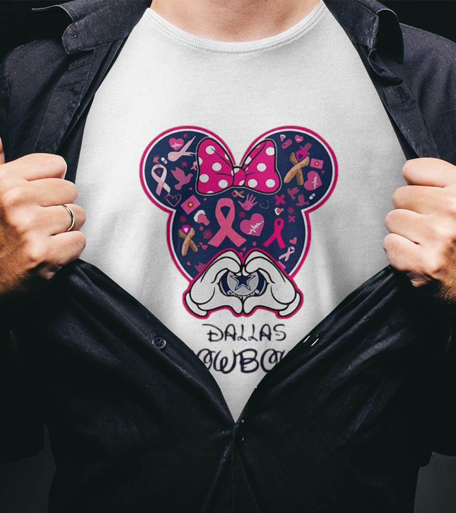 Minnie Mouse Pink Ribbon Heart Hands Dallas Cowboys Breast Cancer Awareness T-Shirt