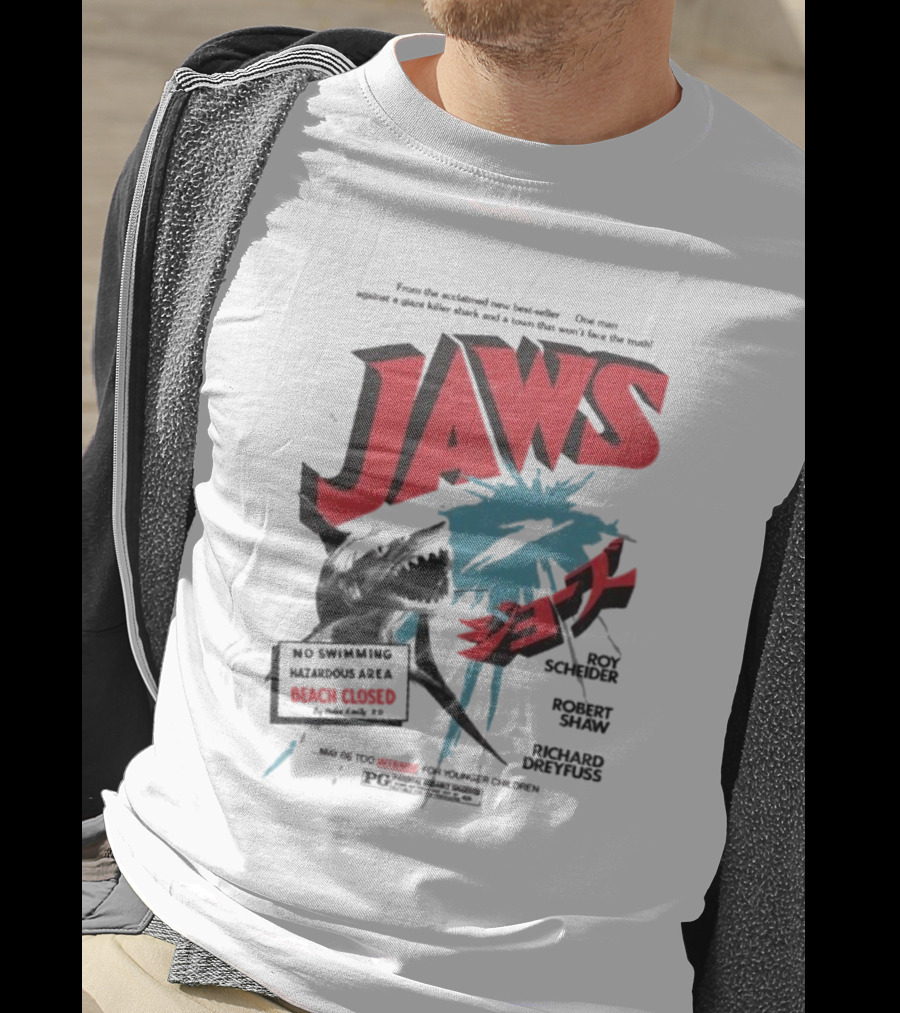 Jaws One Man Against A Giant Killer Shark Beach Closed Hazardous Area Roy Scheider Robert Shaw Richard Dreyfuss T-Shirt