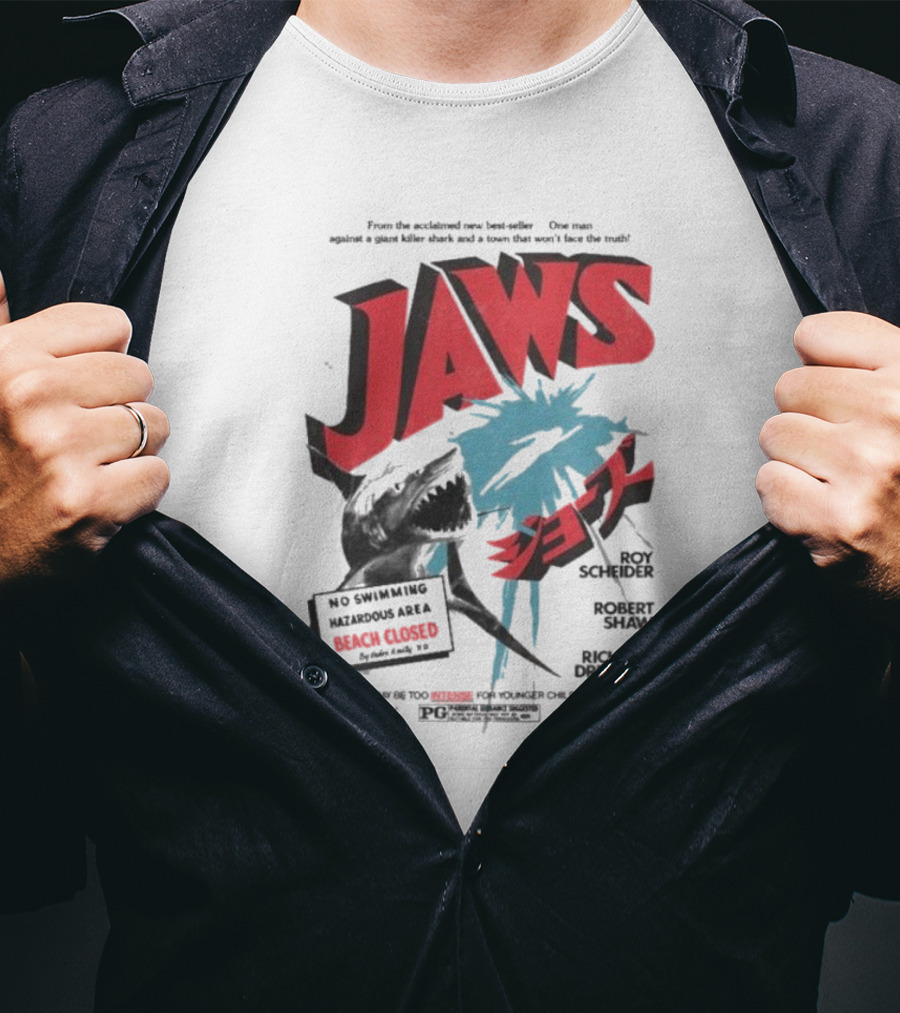 Jaws One Man Against A Giant Killer Shark Beach Closed Hazardous Area Roy Scheider Robert Shaw Richard Dreyfuss T-Shirt
