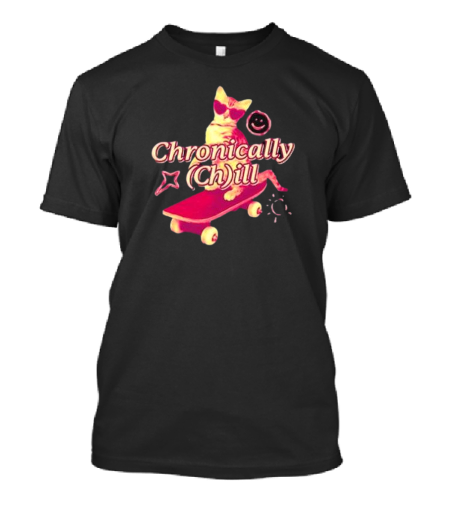 Chronically Ch Ill Cat On Skateboard With Stars And Smiley T-Shirt