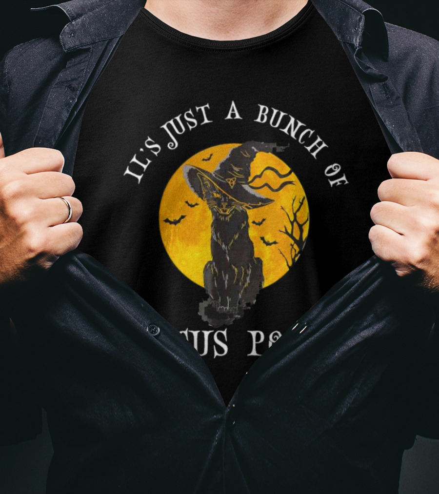 It's Just A Bunch Of Hocus Pocus Halloween Black Cat And Witch Hat With Full Moon T-Shirt
