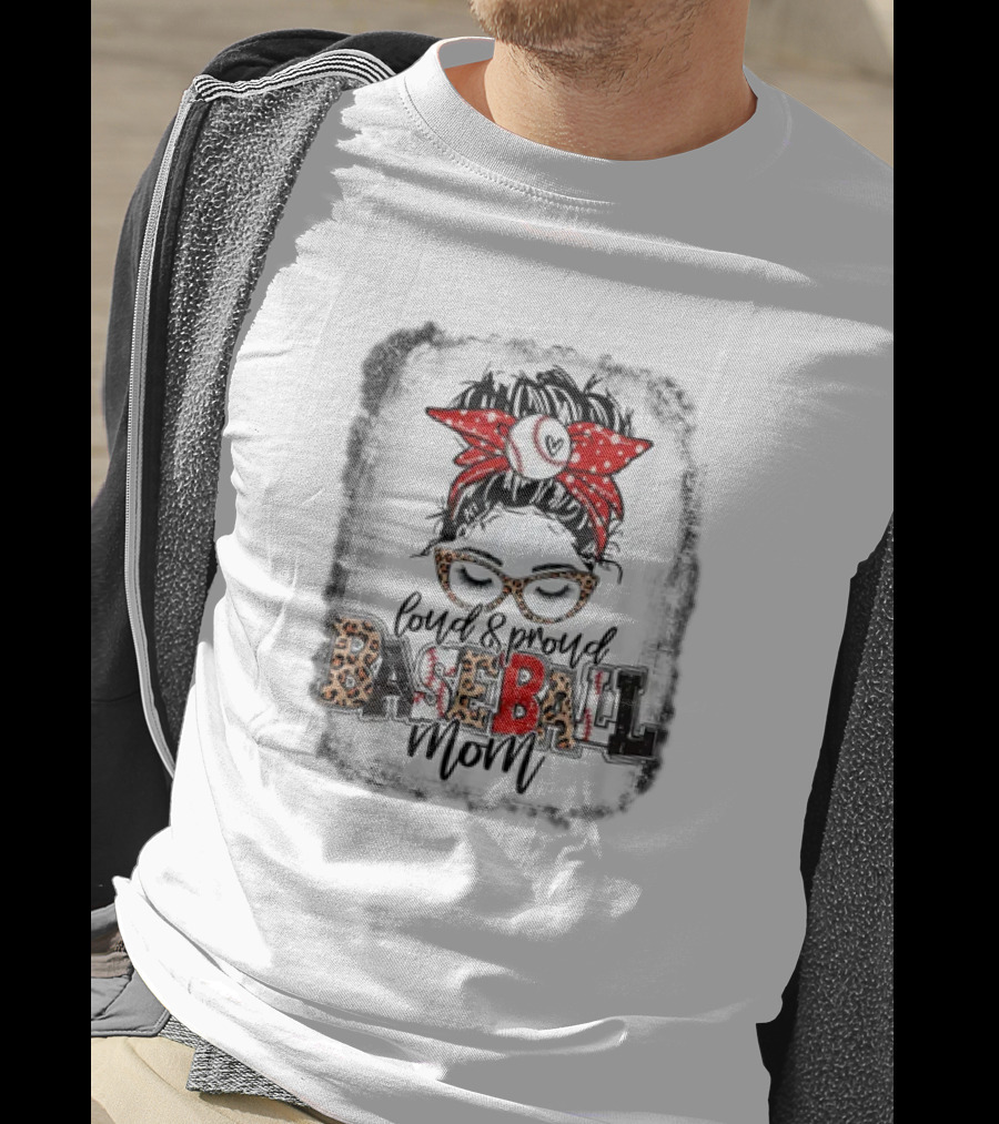 Loud Proud Baseball Mom Life Messy Bun Leopard Glasses Red Bandana T-Shirt