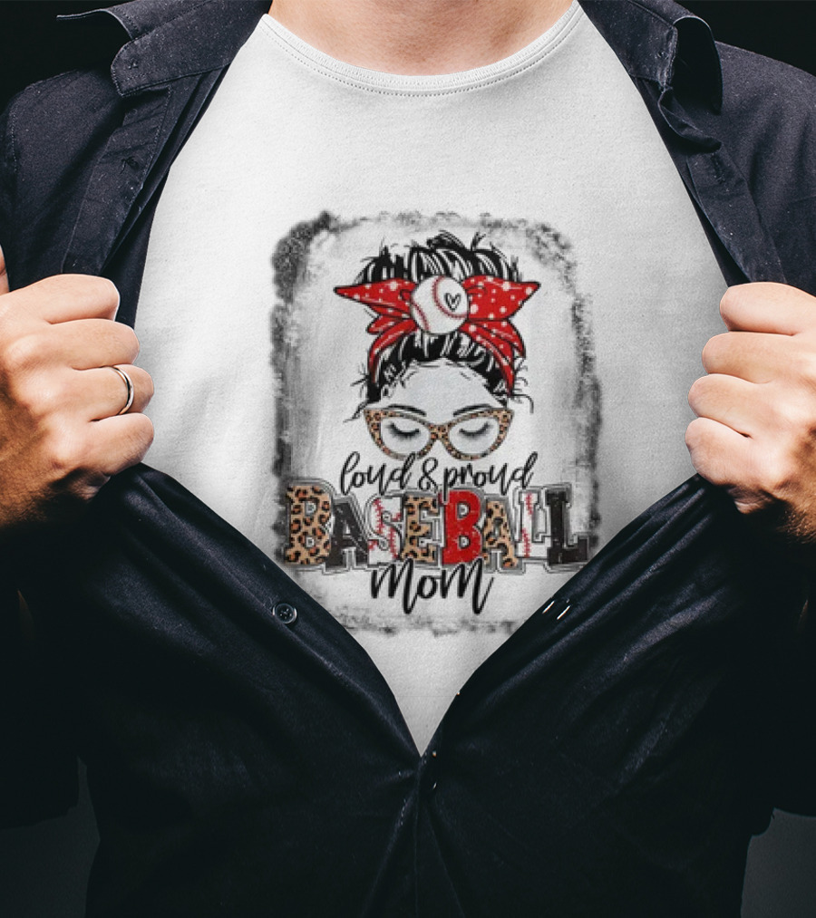 Loud Proud Baseball Mom Life Messy Bun Leopard Glasses Red Bandana T-Shirt