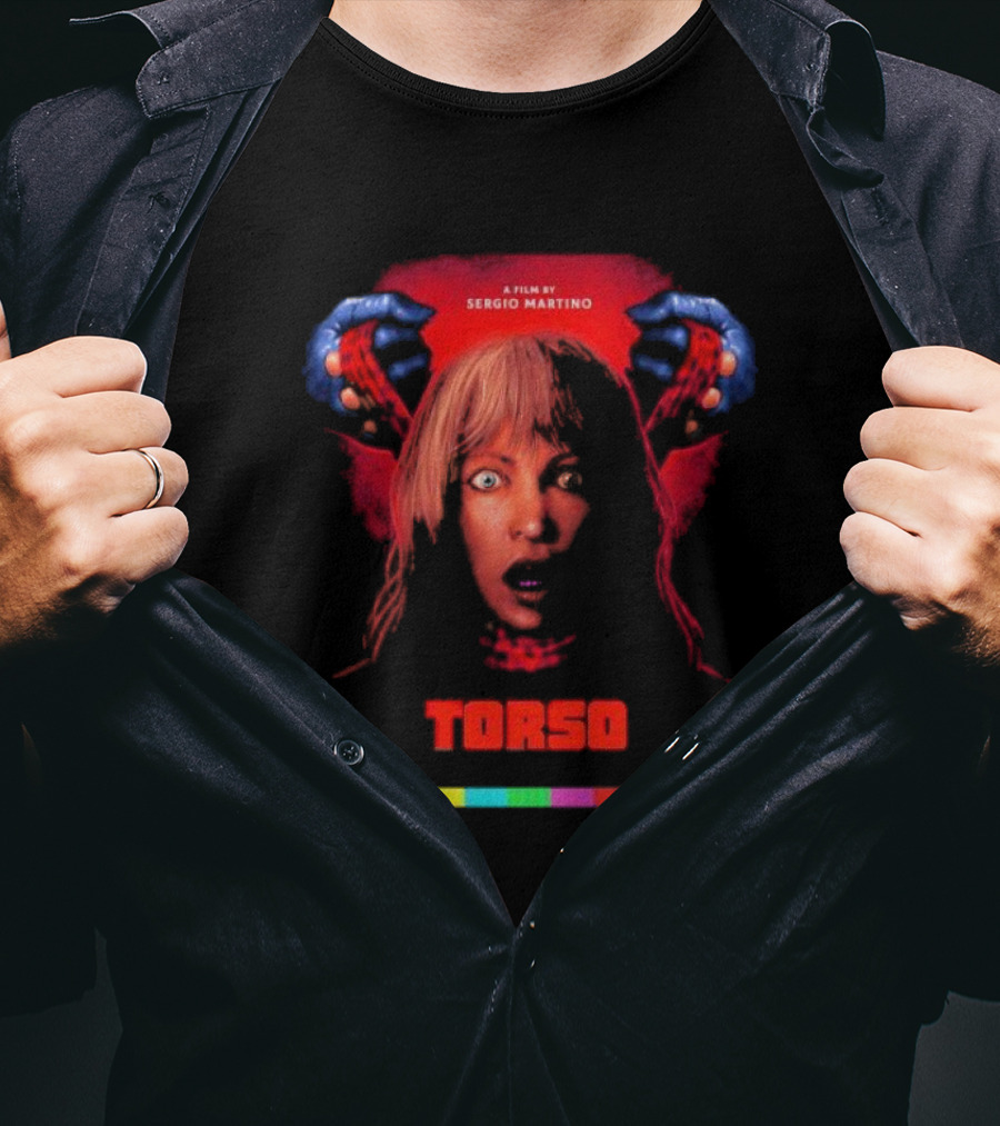 A Film By Sergio Martino Torso Horror Classic With Frightened Woman And Hands In Red And Blue T-Shirt