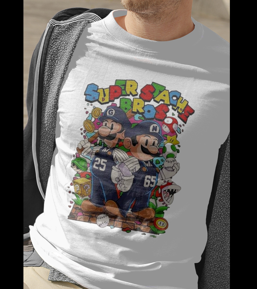 Super Stache Bros Numbers 25 And 65 Baseball Mario T-Shirt