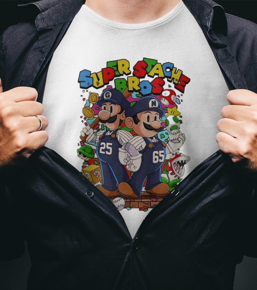 Super Stache Bros Numbers 25 And 65 Baseball Mario T-Shirt