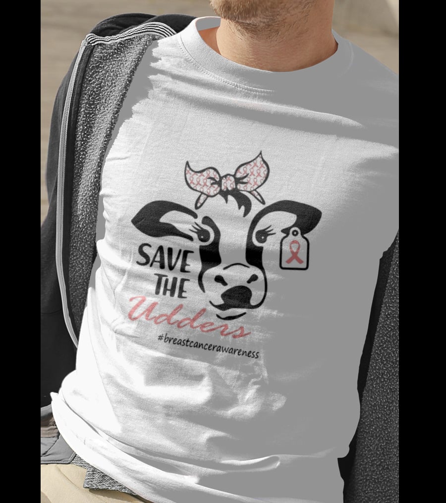 Cow Save The Udders Breast Cancer Awareness Ribbon Bow #breastcancerawareness T-Shirt