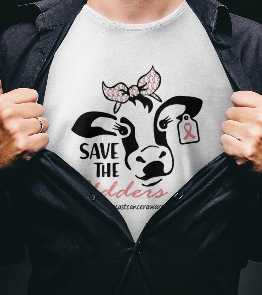 Cow Save The Udders Breast Cancer Awareness Ribbon Bow #breastcancerawareness T-Shirt