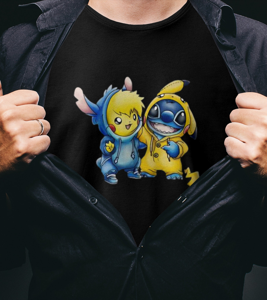 Disney Lilo Stitch Pikachu Pokemon Crossover Character T-Shirt