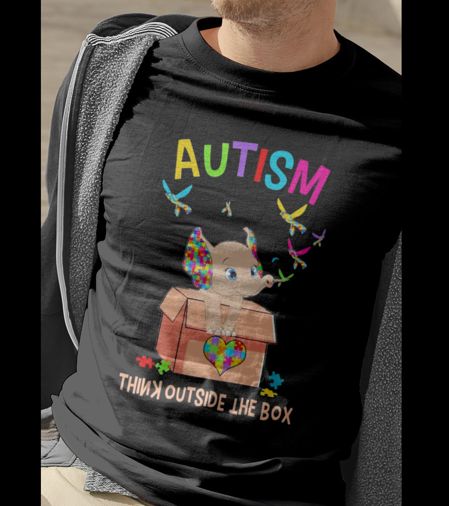 AUTISM Think Outside The Box Elephant With Puzzle Pieces And Butterflies T-Shirt