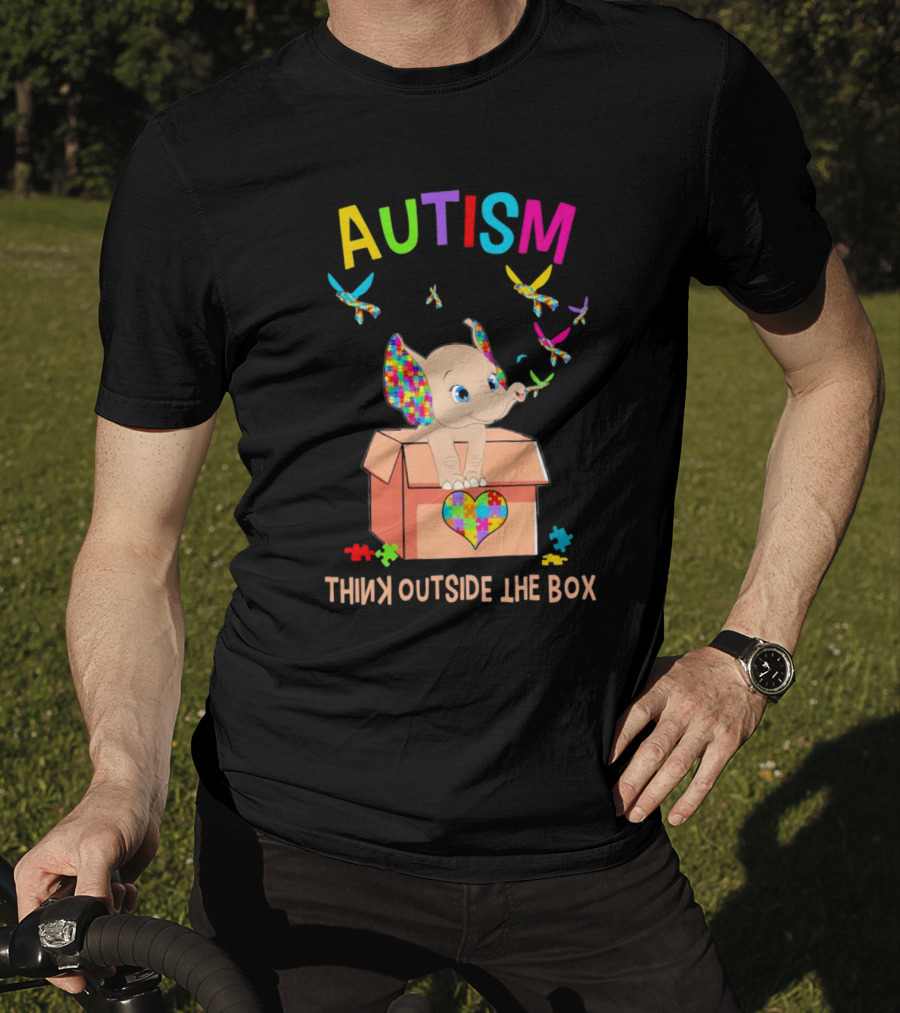 AUTISM Think Outside The Box Elephant With Puzzle Pieces And Butterflies T-Shirt