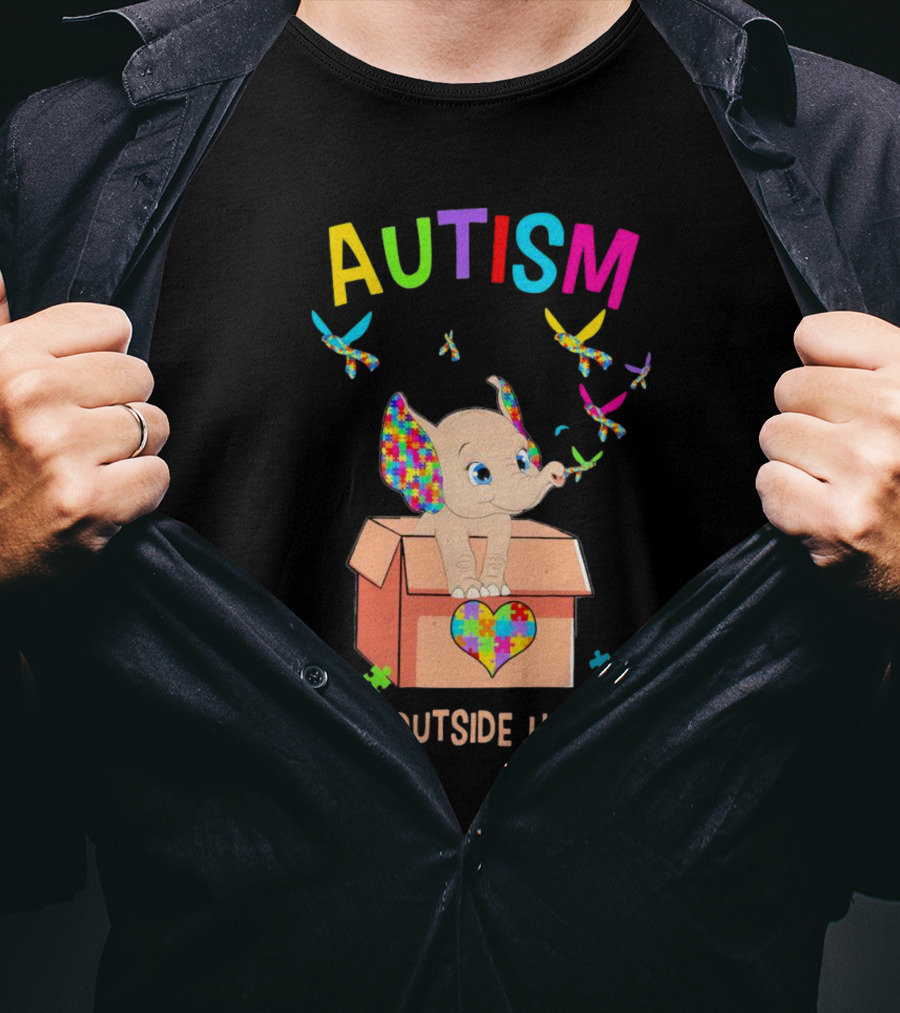 AUTISM Think Outside The Box Elephant With Puzzle Pieces And Butterflies T-Shirt