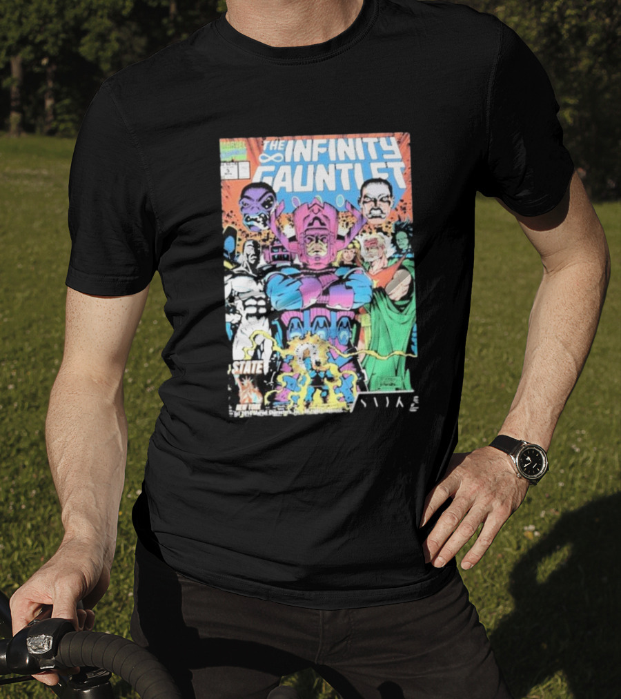 The Infinity Gauntlet Marvel Comics Cover Featuring Iconic Characters Galactus And Artistry T-Shirt