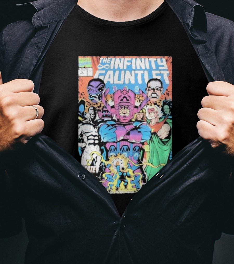 The Infinity Gauntlet Marvel Comics Cover Featuring Iconic Characters Galactus And Artistry T-Shirt