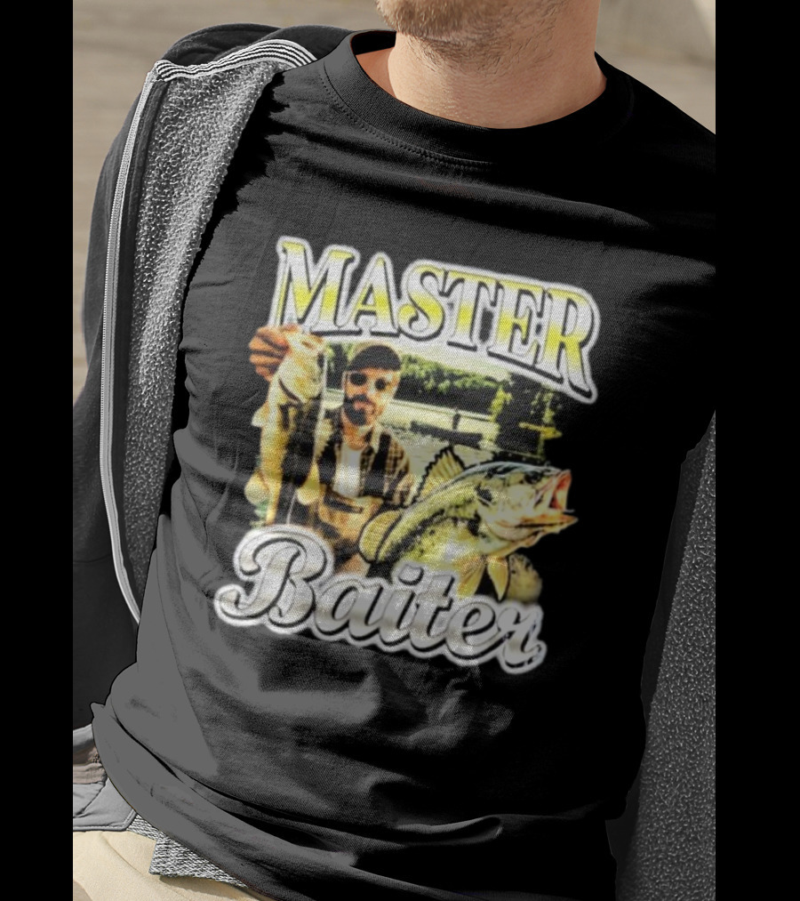 MASTER BAITER Fisherman Holding Fish In Lake Scene T-Shirt