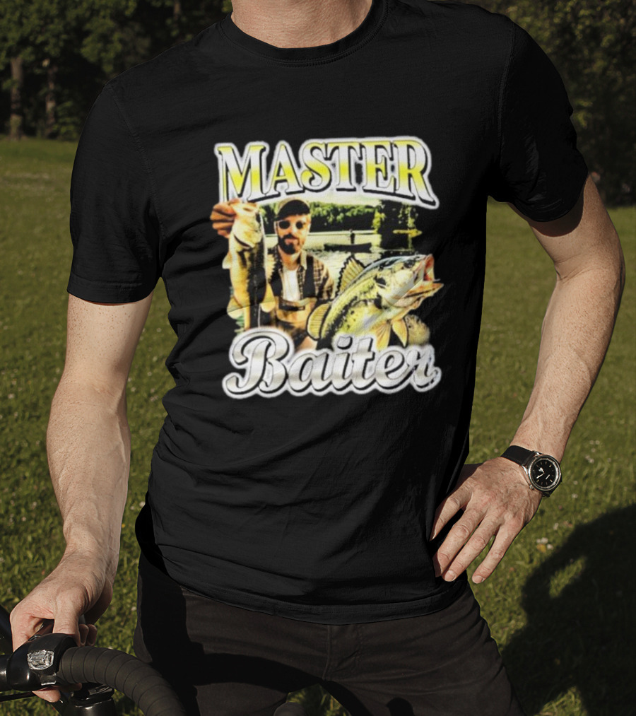MASTER BAITER Fisherman Holding Fish In Lake Scene T-Shirt
