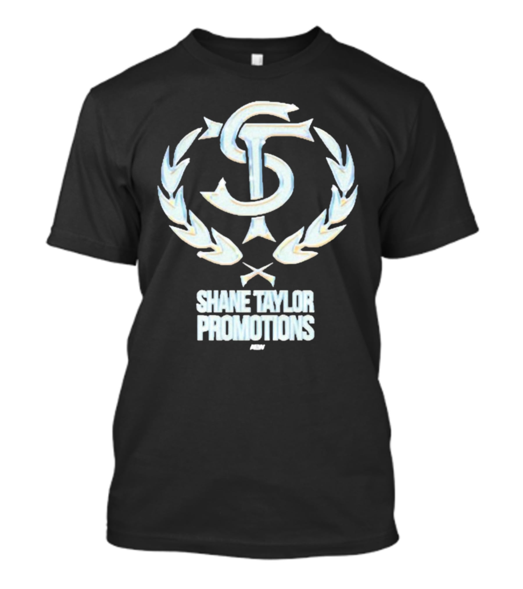 Shane Taylor Promotions ST Logo With Wreath Symbol Above AEW Text T-Shirt