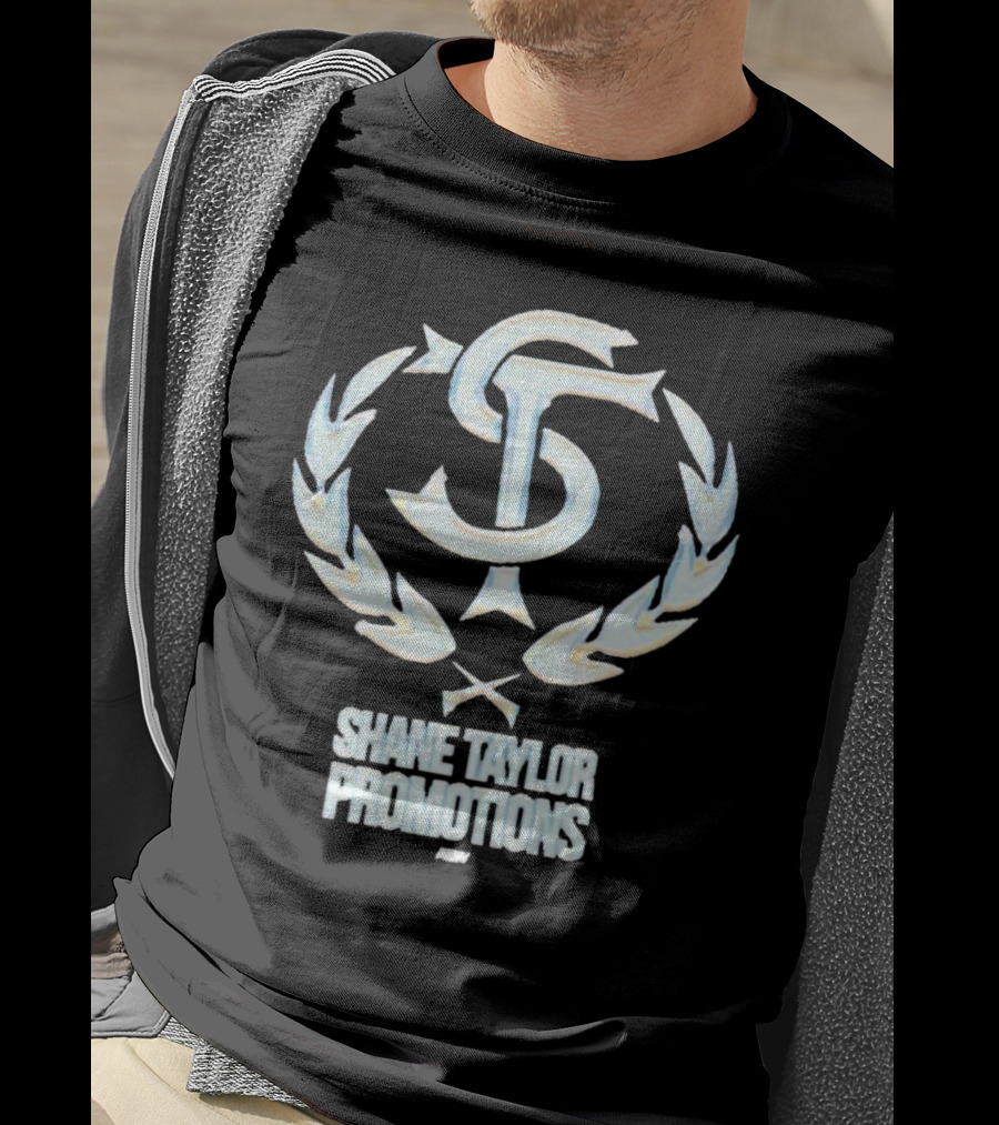 Shane Taylor Promotions ST Logo With Wreath Symbol Above AEW Text T-Shirt