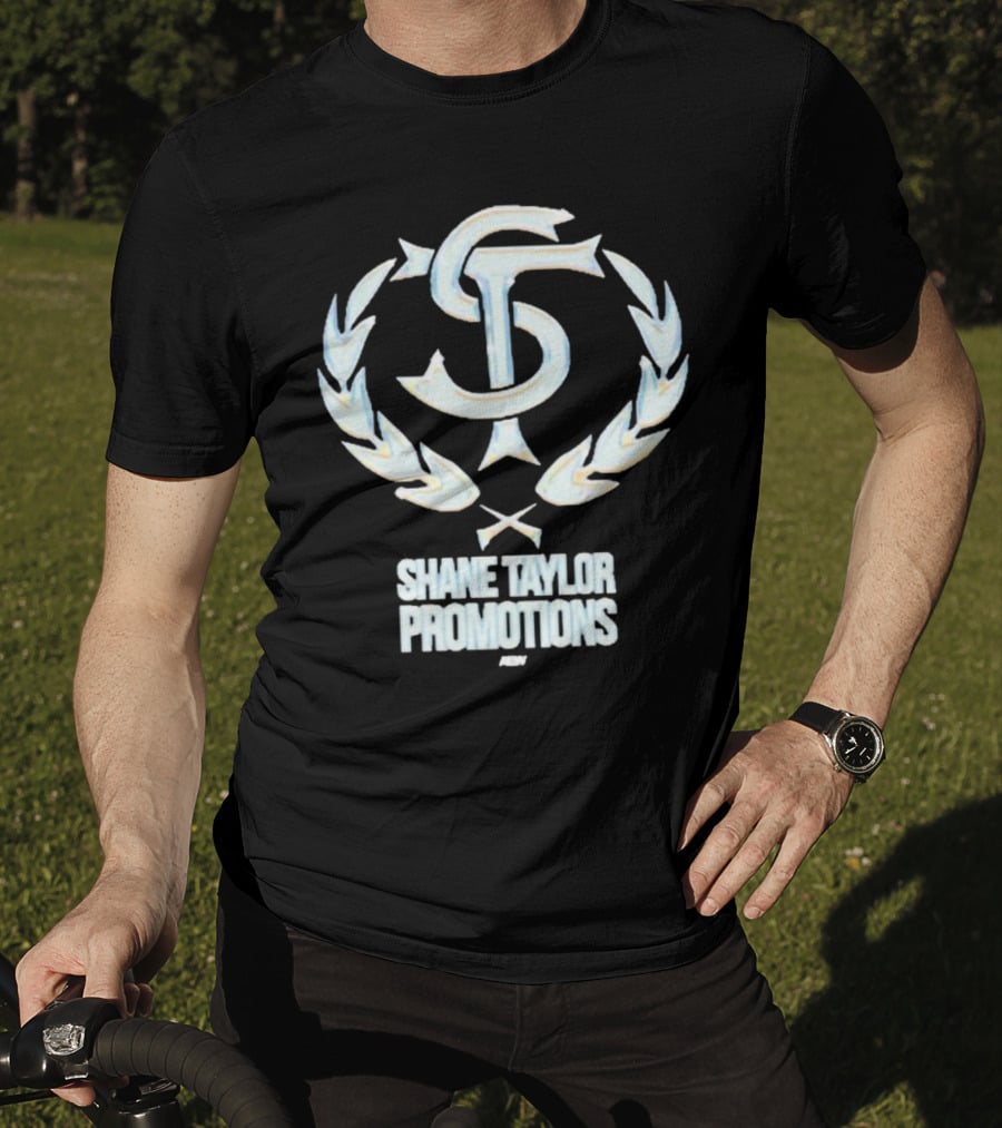 Shane Taylor Promotions ST Logo With Wreath Symbol Above AEW Text T-Shirt