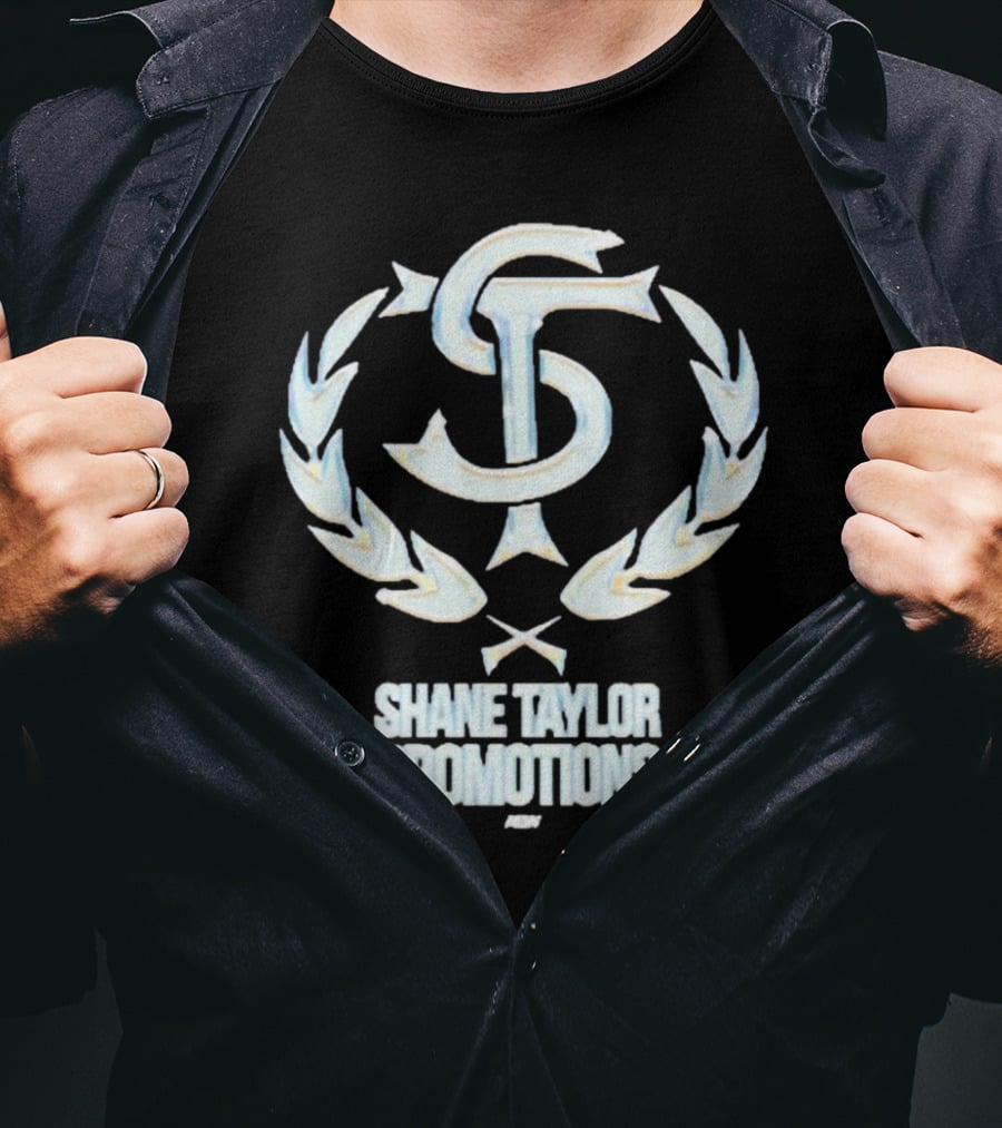 Shane Taylor Promotions ST Logo With Wreath Symbol Above AEW Text T-Shirt