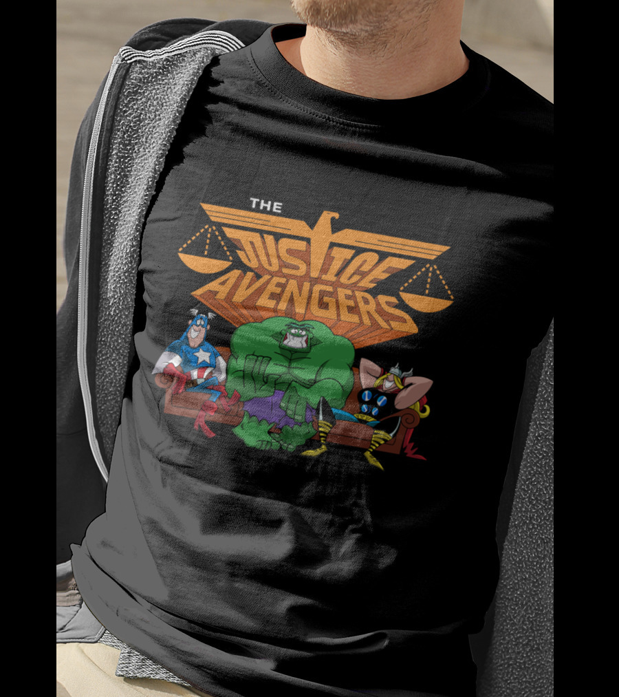 The Justice Avengers Hero Parody Featuring Scales Of Justice And Warrior Figures T-Shirt
