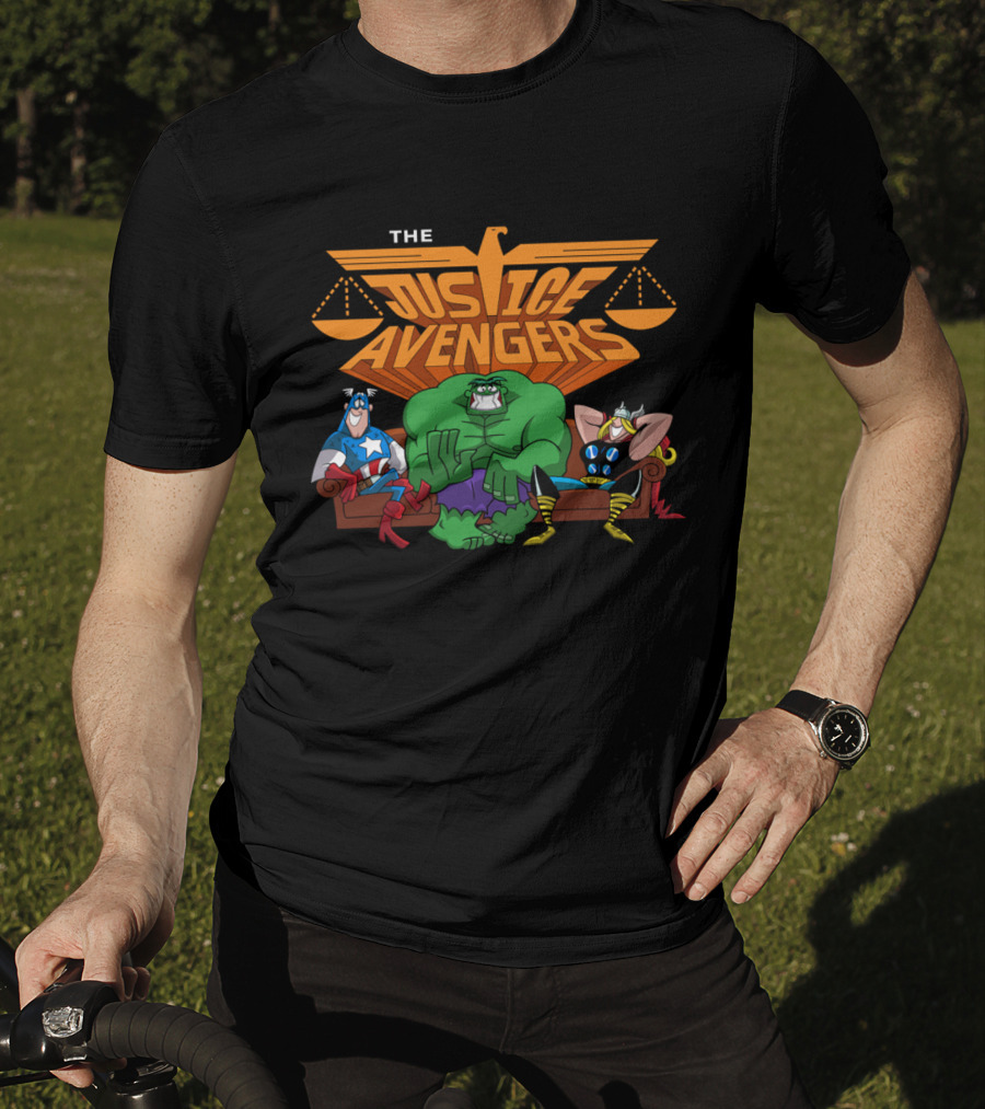 The Justice Avengers Hero Parody Featuring Scales Of Justice And Warrior Figures T-Shirt