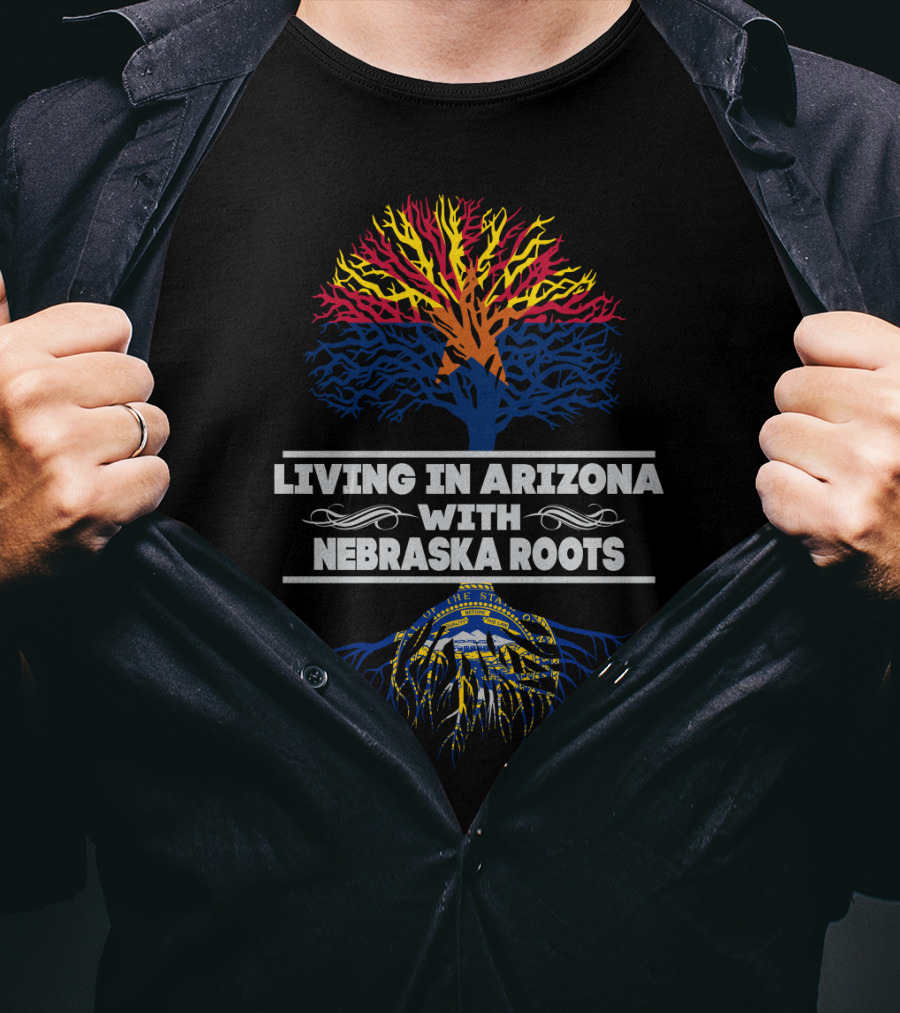Living In Arizona With Nebraska Roots Arizona Sunset Tree And Nebraska State Seal T-Shirt