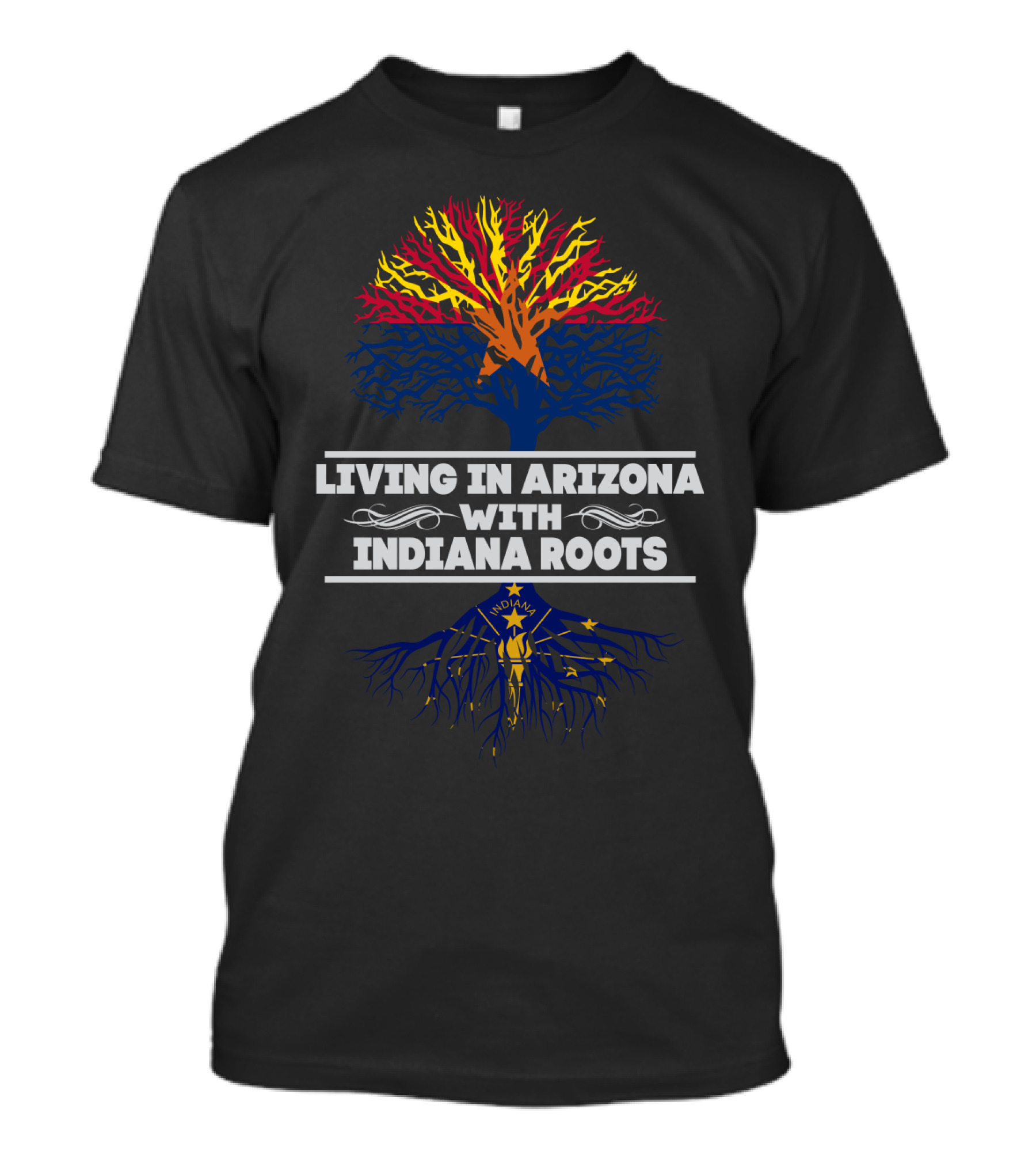 Living In Arizona With Indiana Roots Featuring Iconic State Flag Tree T-Shirt