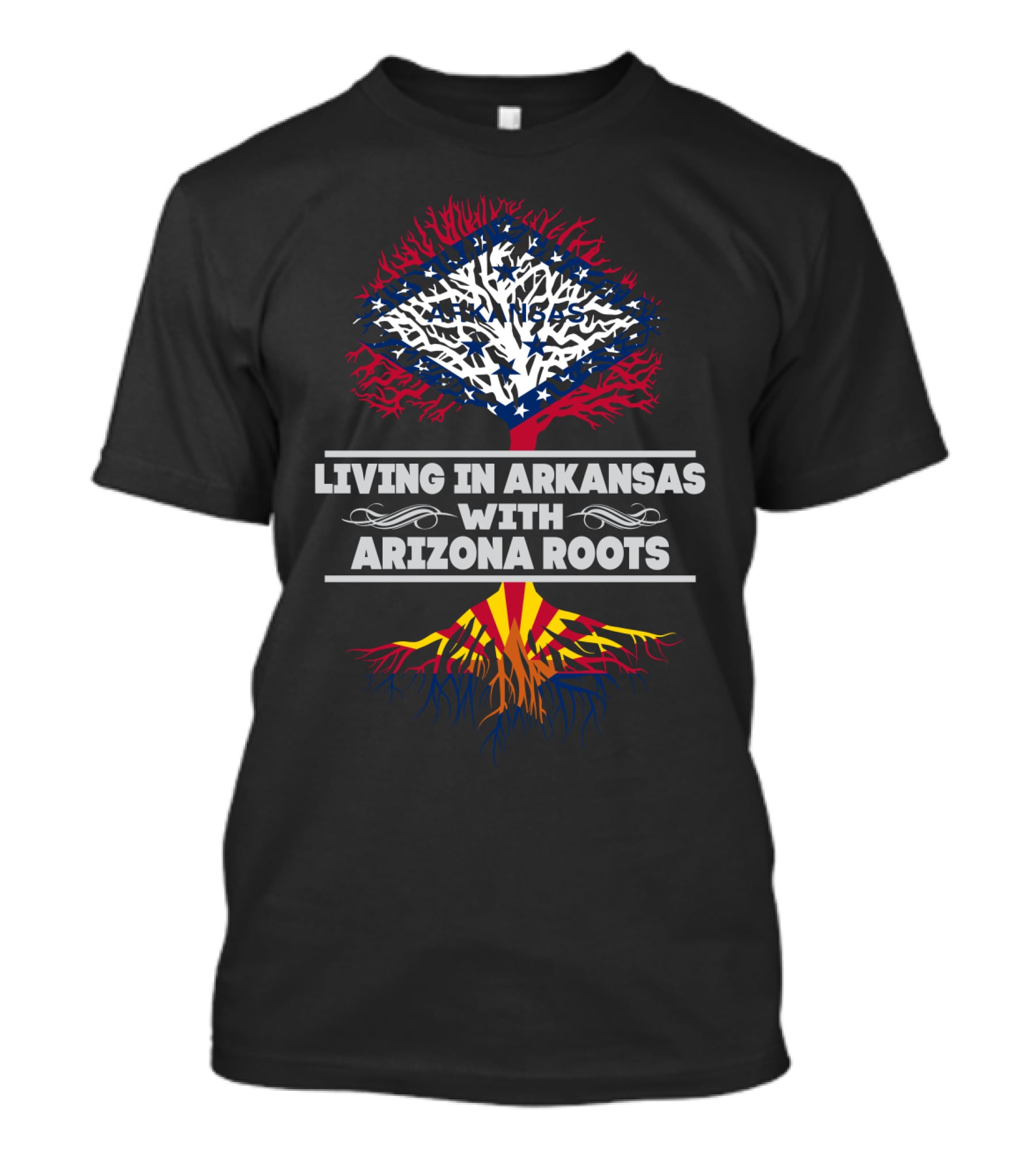Living In Arkansas With Arizona Roots Tree Design Featuring State Flag Elements T-Shirt