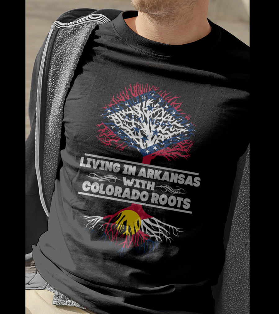 Living In Arkansas With Colorado Roots Tree Design Featuring State Flag Colors And Symbols T-Shirt