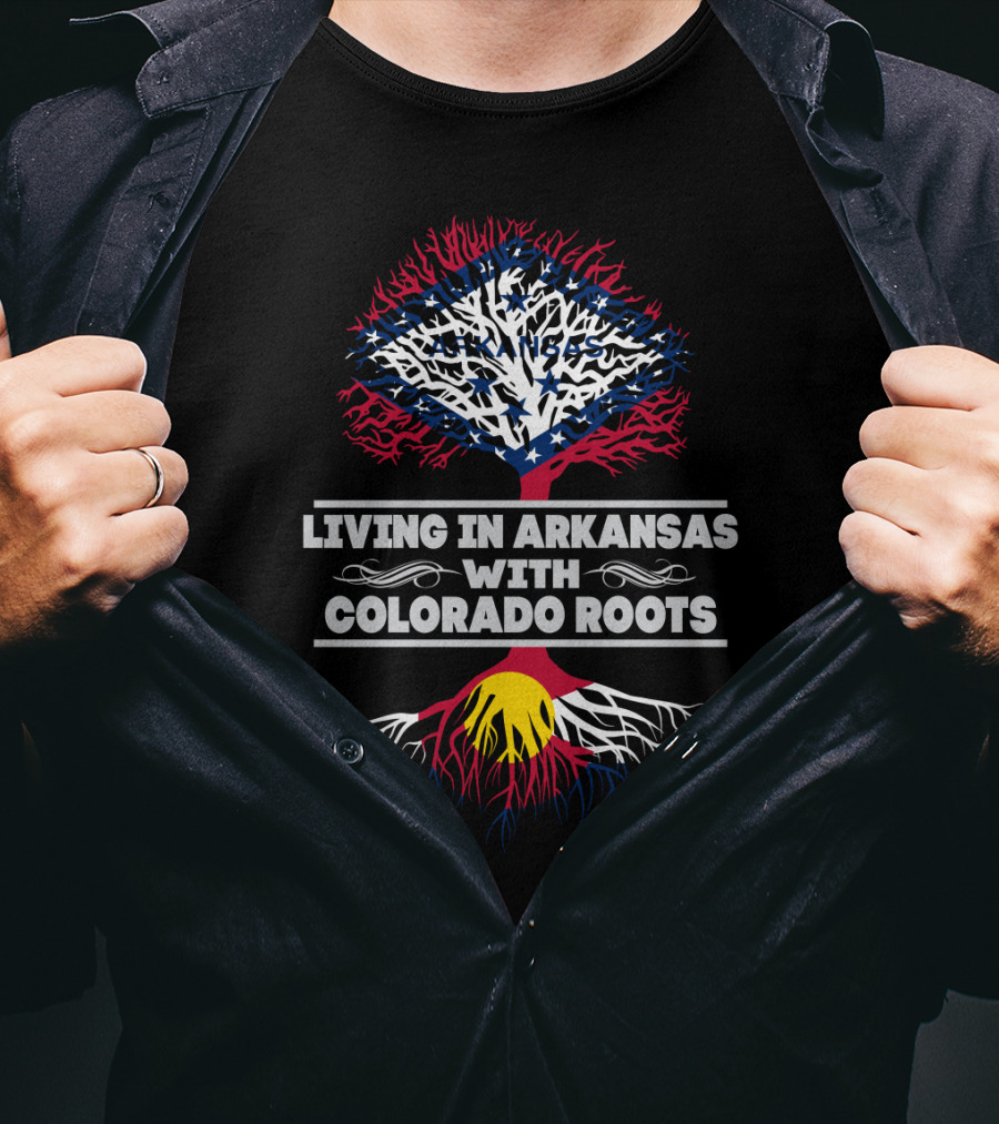 Living In Arkansas With Colorado Roots Tree Design Featuring State Flag Colors And Symbols T-Shirt