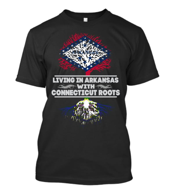 Arkansas Living With Connecticut Roots Tree Design Featuring State Flag Colors And Symbols T-Shirt