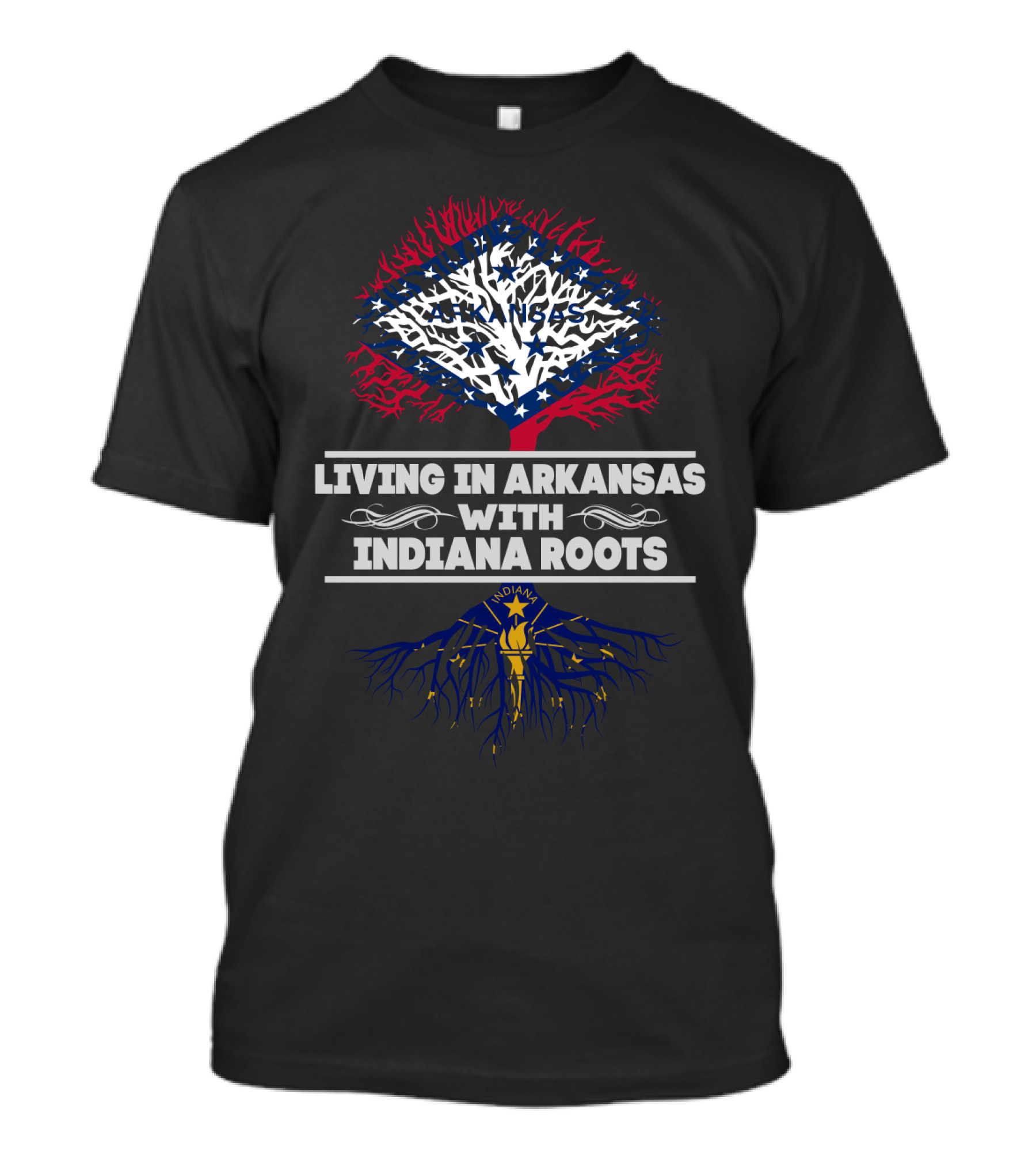 Living In Arkansas Embracing Indiana Roots With State Flag Tree Symbolism T-Shirt