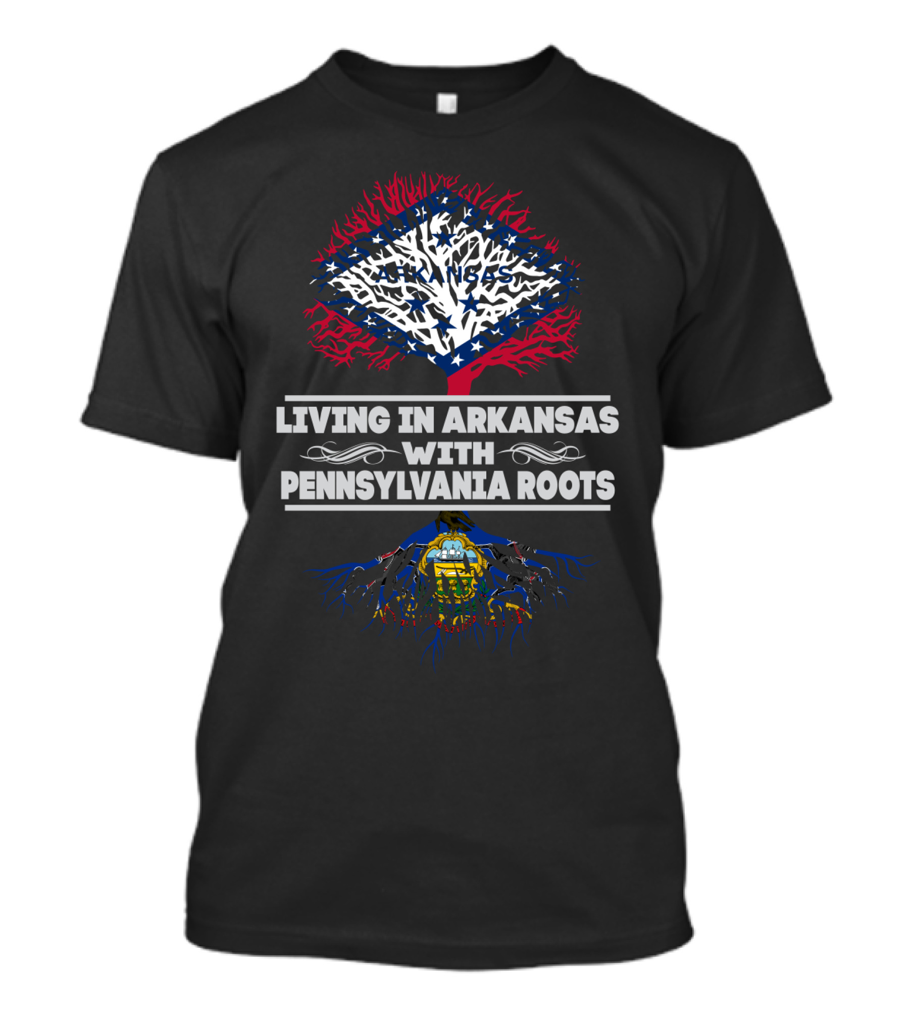Living In Arkansas With Pennsylvania Roots Tree Design Featuring U.S. State Flags T-Shirt