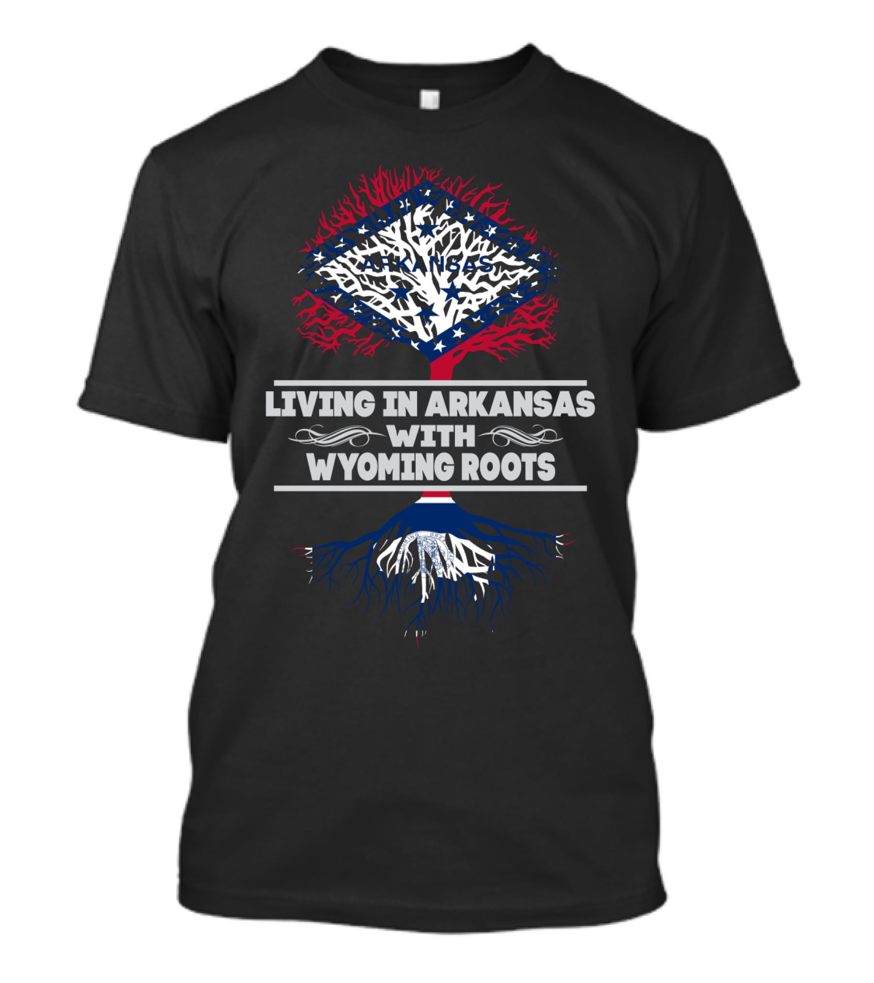 Living In Arkansas With Wyoming Roots Tree Design Featuring State Flag Colors T-Shirt