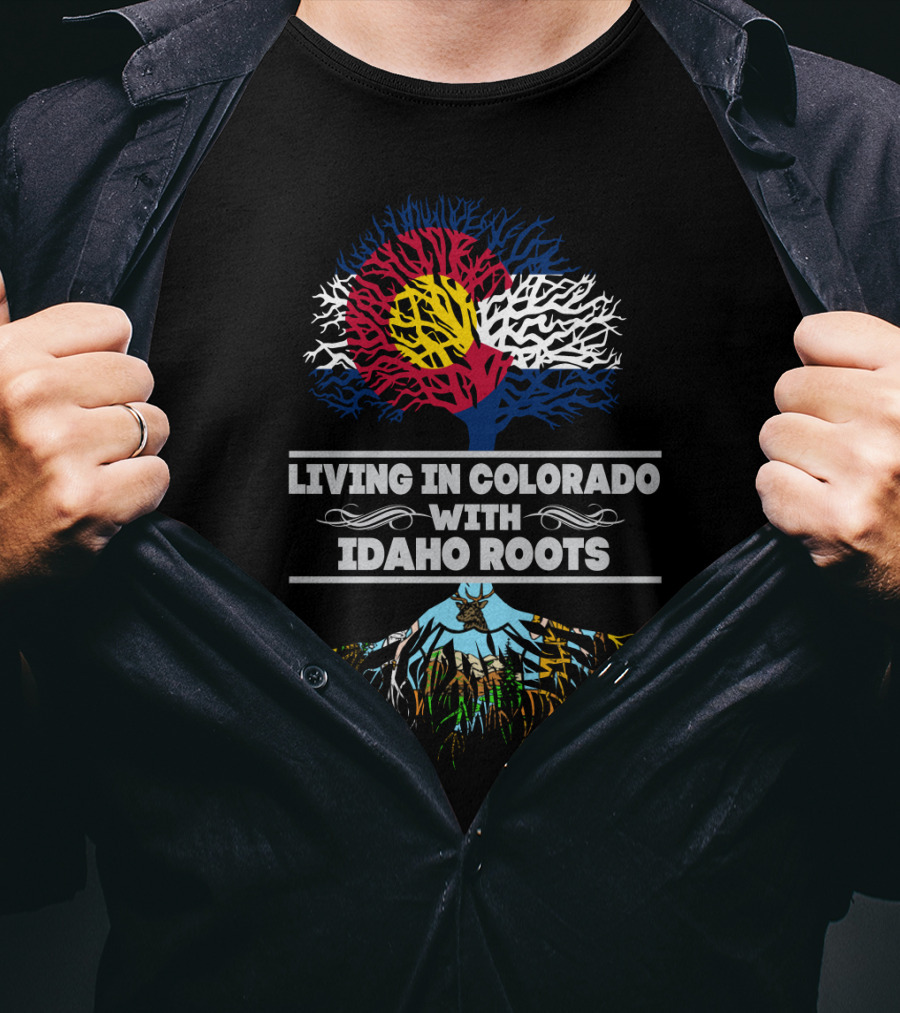 Colorado Flag And Tree Symbolizing Living In Colorado With Idaho Roots T-Shirt