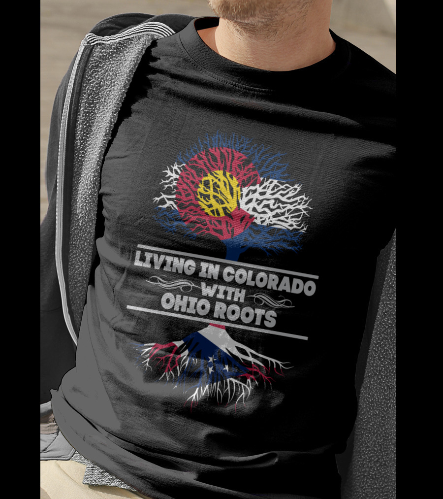 Colorado And Ohio Flag-Themed Tree Graphic Living In Colorado With OHIO Roots T-Shirt