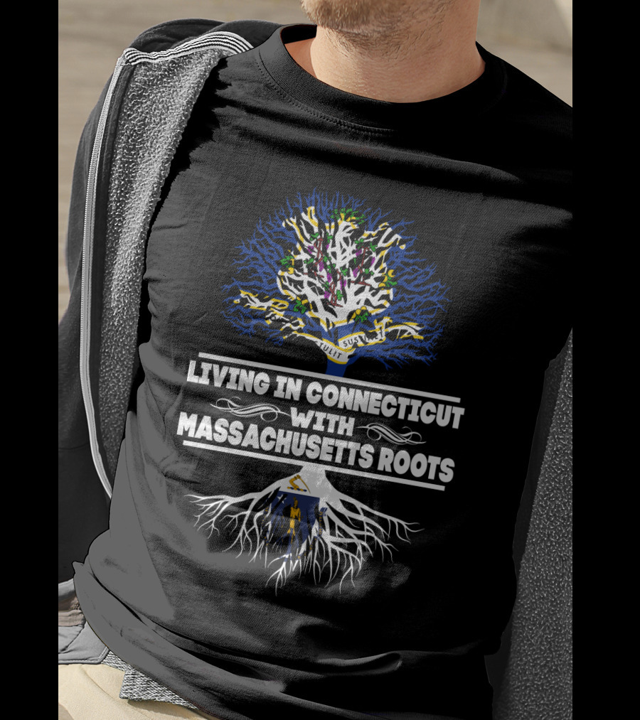 Connecticut Life Massachusetts Roots Tree Design With State Flags And Symbols T-Shirt