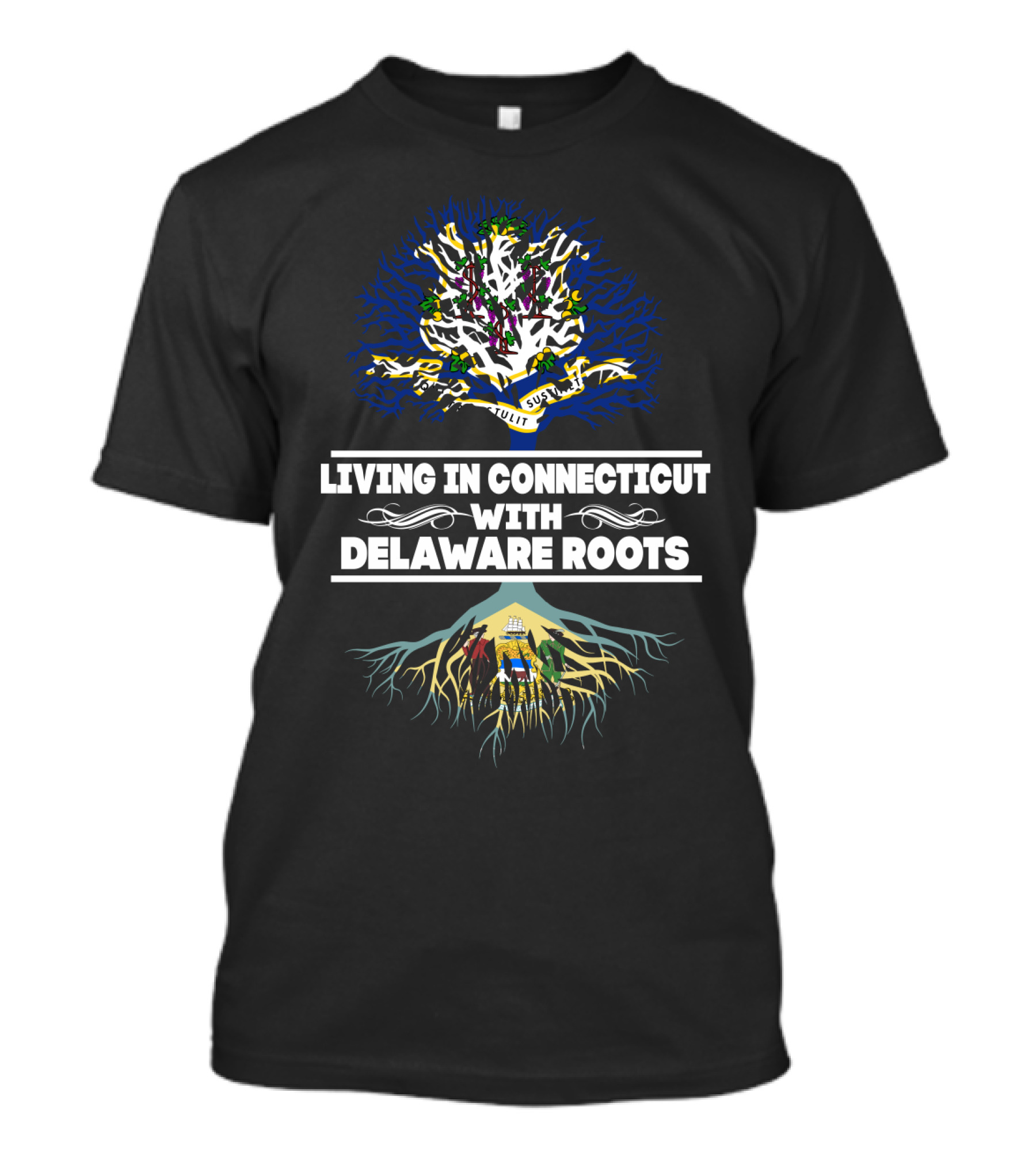 Living In Connecticut With Delaware Roots State Tree And Flag Elements T-Shirt