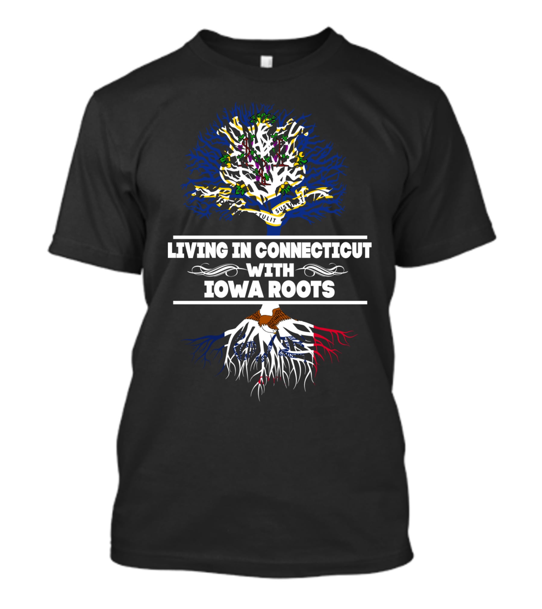 Living In Connecticut With Iowa Roots Tree Design Featuring State Flags T-Shirt
