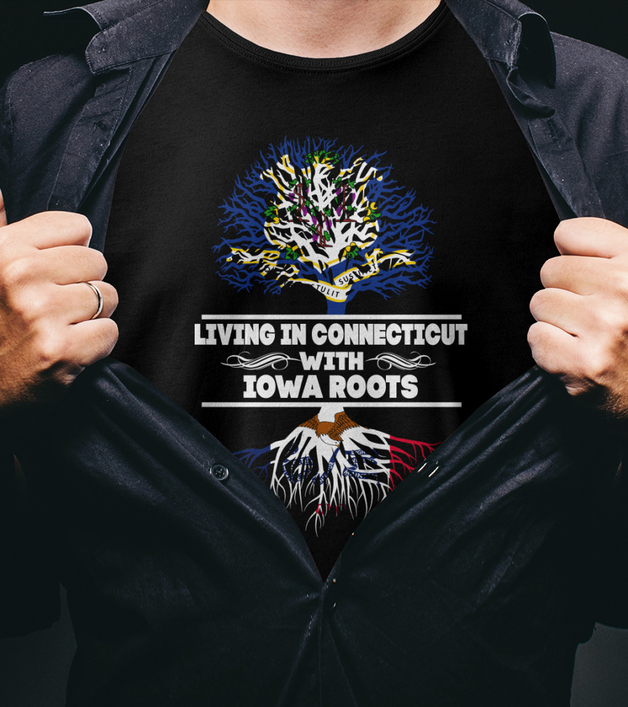 Living In Connecticut With Iowa Roots Tree Design Featuring State Flags T-Shirt