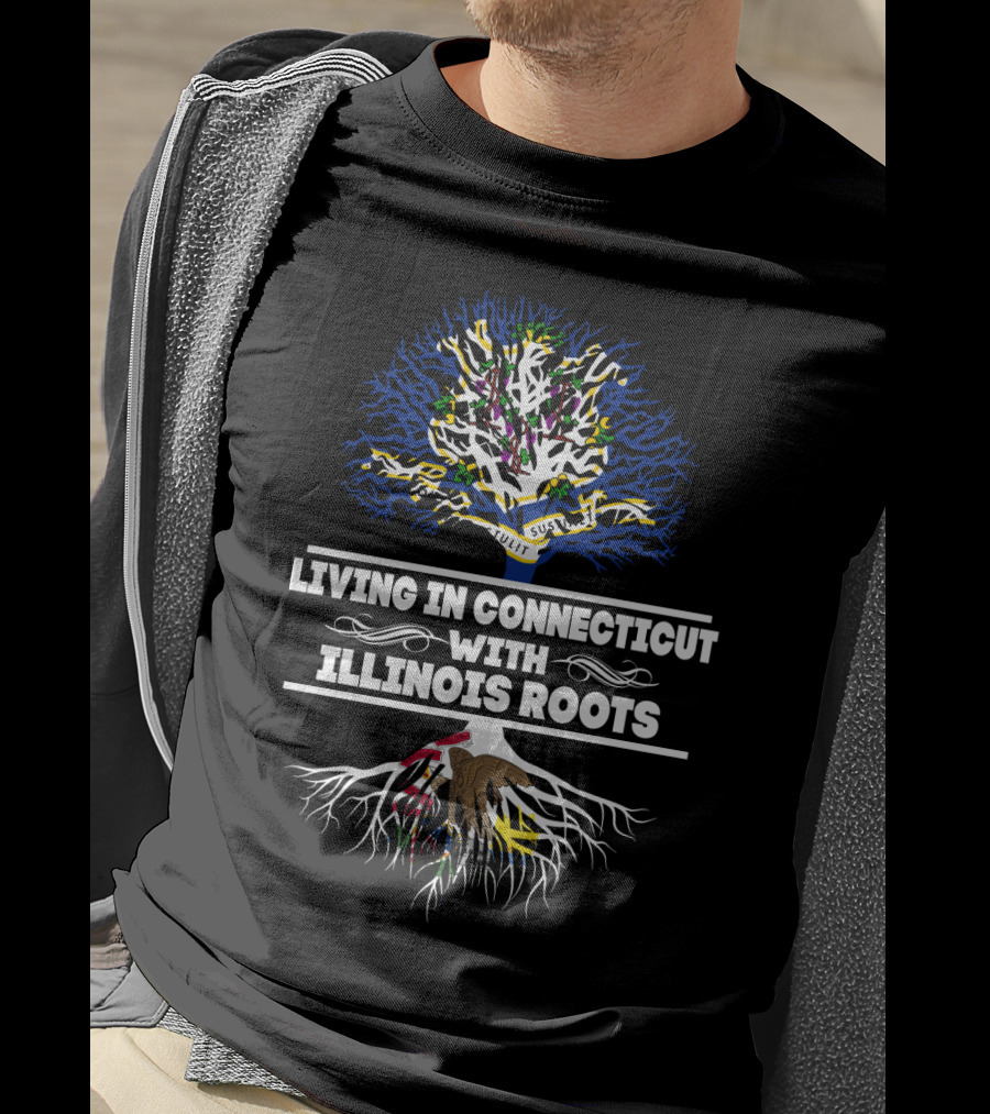 Living In Connecticut With Illinois Roots Tree With State Flag Colors And Seal Symbolism T-Shirt