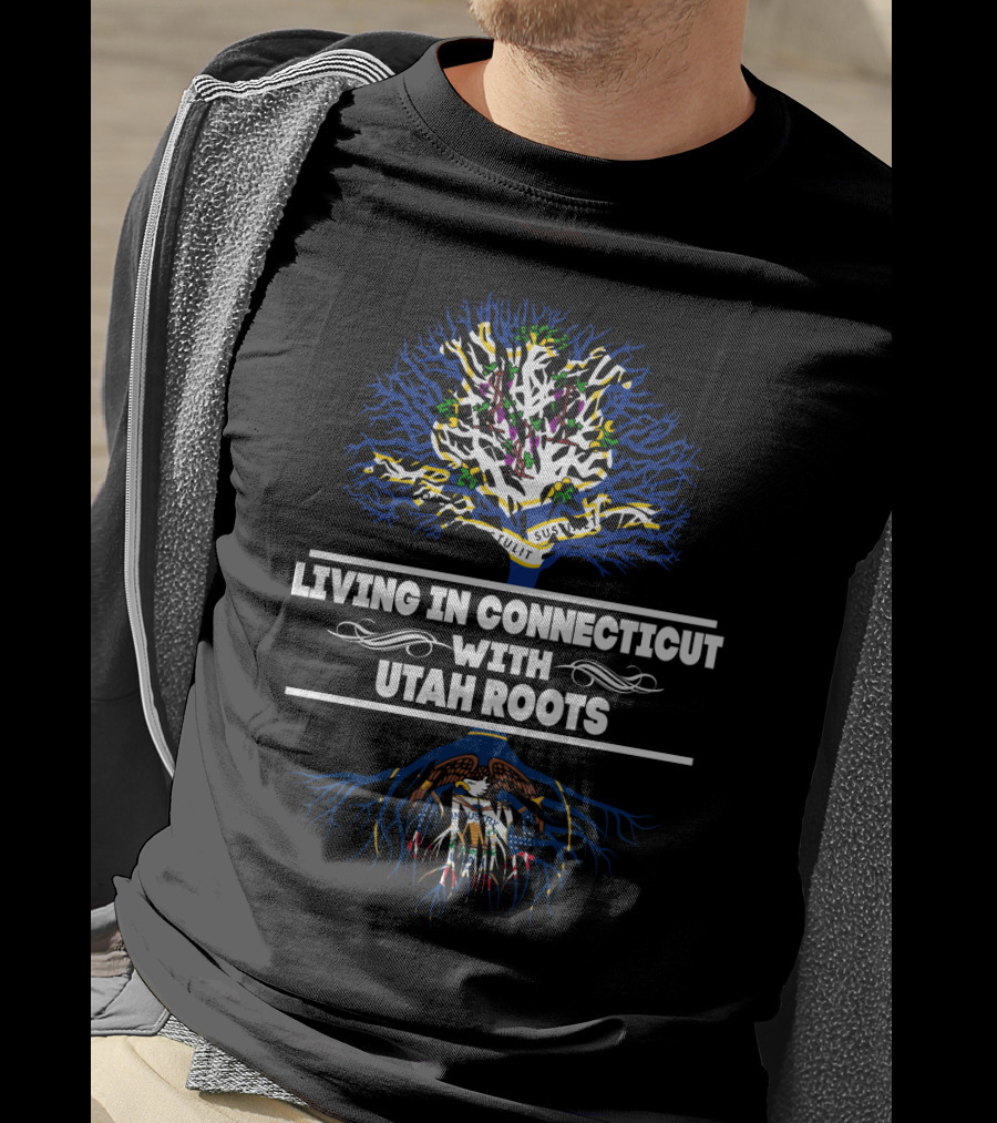 Living In Connecticut With Utah Roots Tree Design Featuring Eagle And Colorful Branches T-Shirt