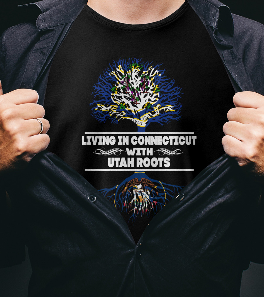 Living In Connecticut With Utah Roots Tree Design Featuring Eagle And Colorful Branches T-Shirt