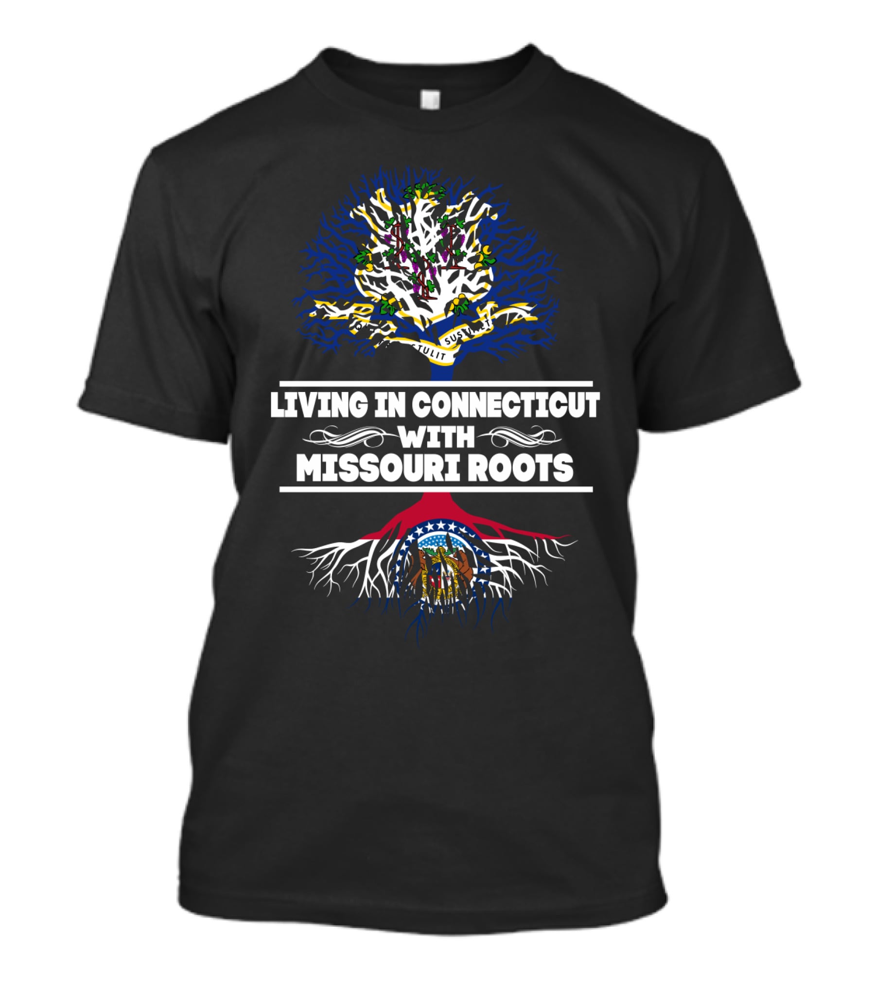 Connecticut Living Embracing Deep Missouri Roots With State Flags Tree Symbolism T-Shirt