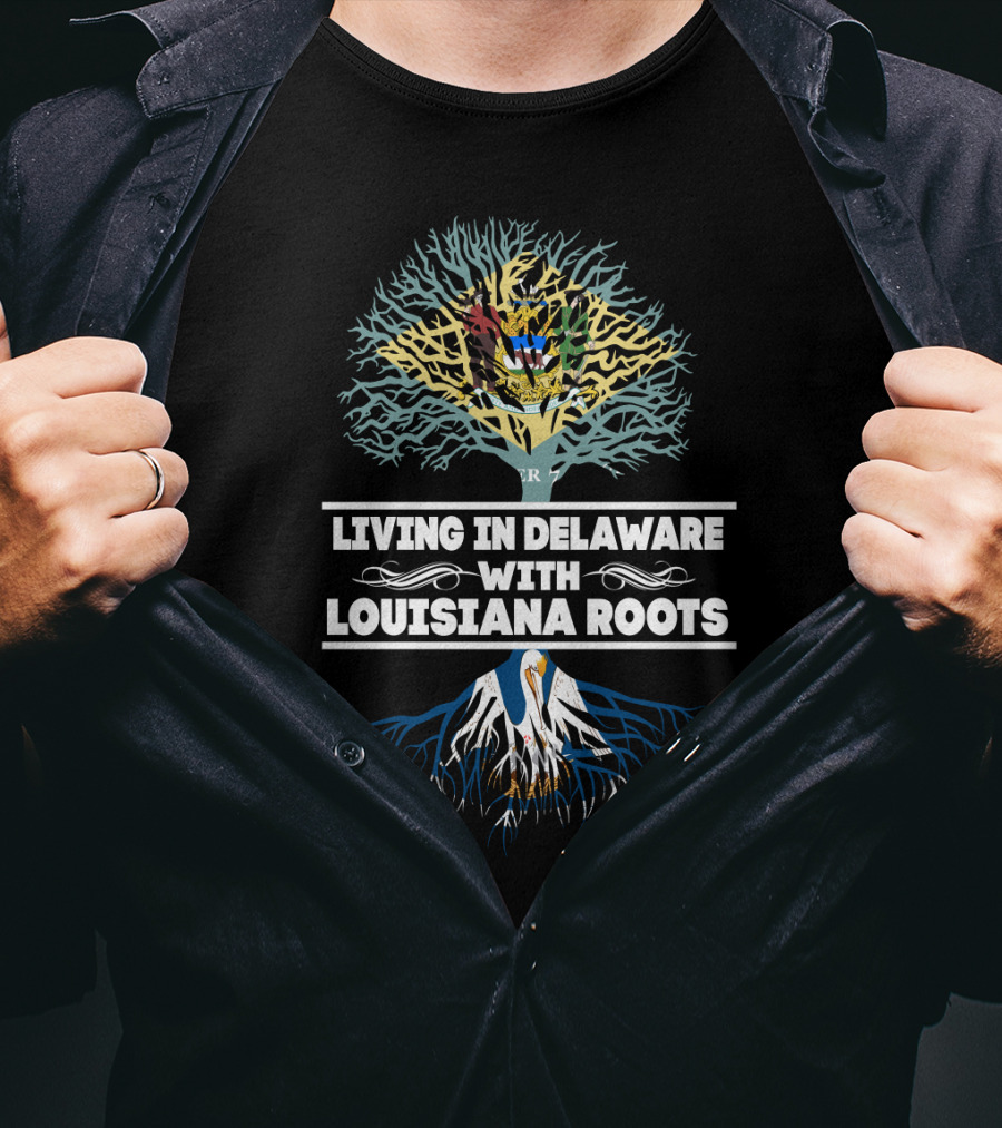 Living In Delaware With LOUISIANA Roots Tree Design Featuring State Symbols T-Shirt