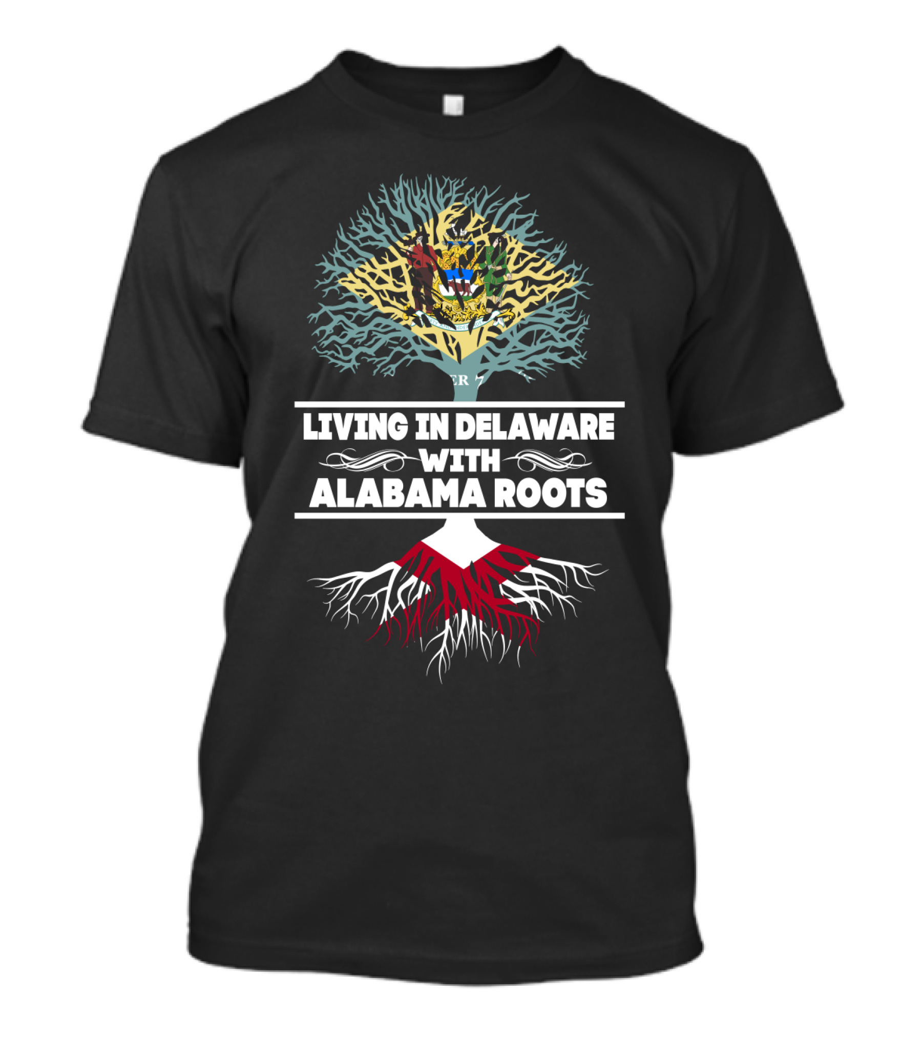 Delaware Living With Deep Alabama Roots Tree Design And State Symbols T-Shirt