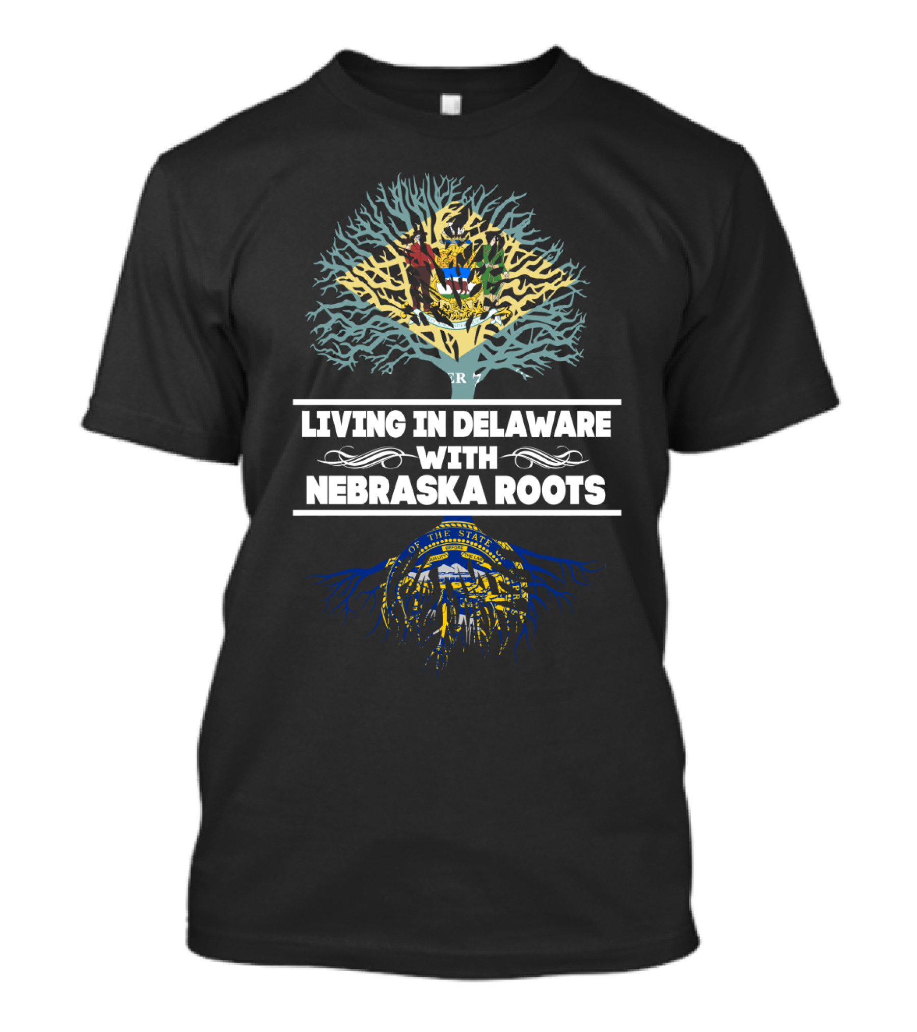 Living In Delaware With Nebraska Roots Family Heritage Tree Featuring State Seals T-Shirt