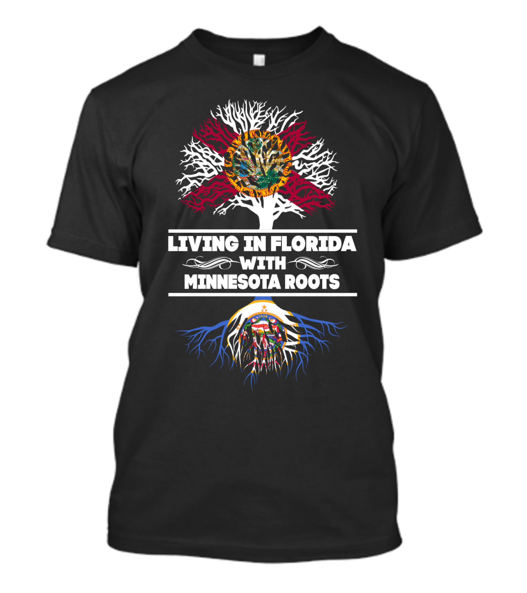 Living In Florida With Minnesota Roots Embracing State Flags And Tree T-Shirt